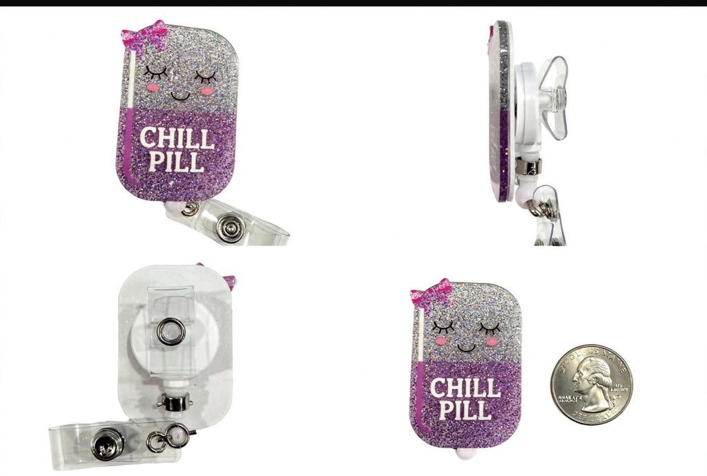 LC Chill Pill glitter badge reel