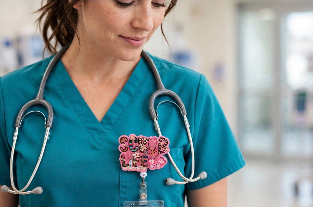 Scrub Life Pink Glitter Badge